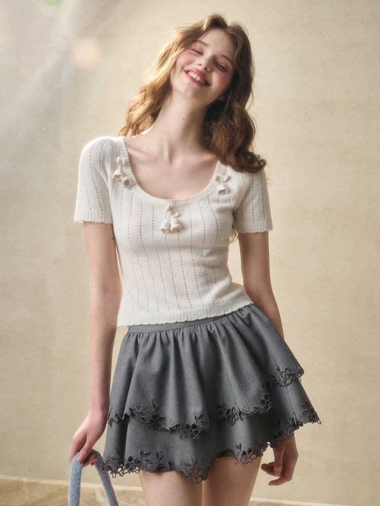 Wool Hollow Out Short Sleeve Knitted Shirt - CHINASQUAD