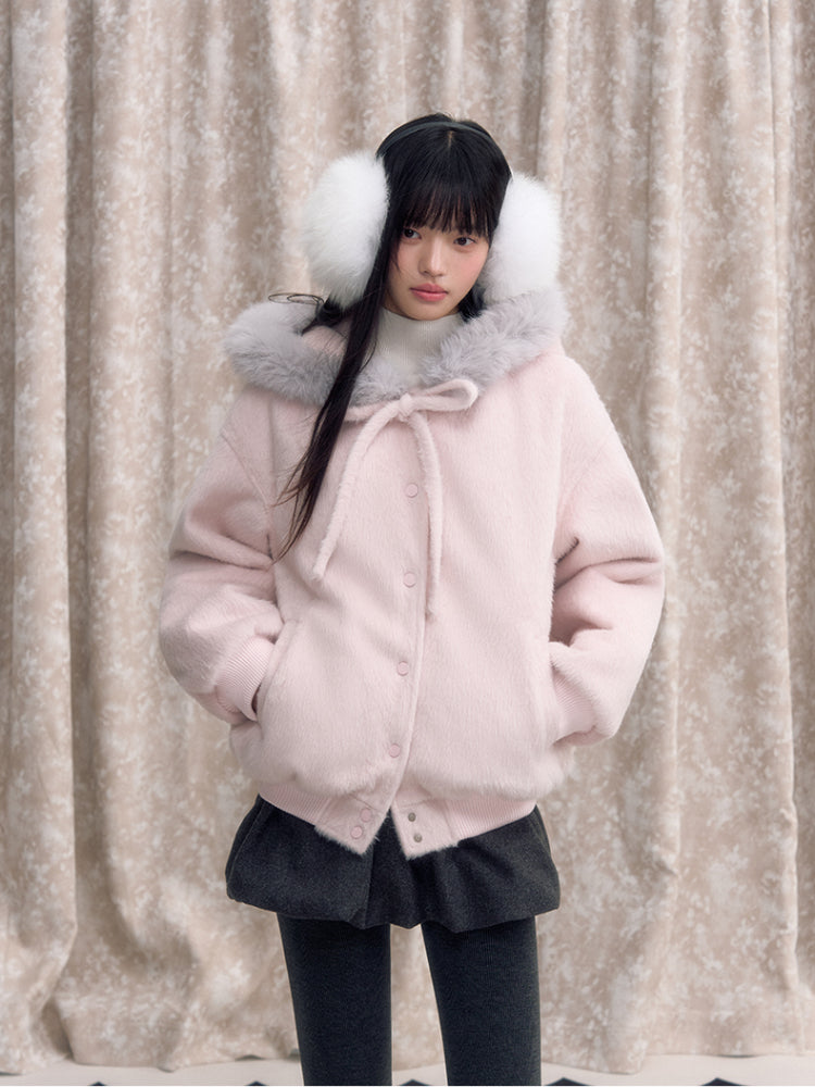 Pink Bow Tie Hooded Fur Baseball Jacket - CHINASQUAD
