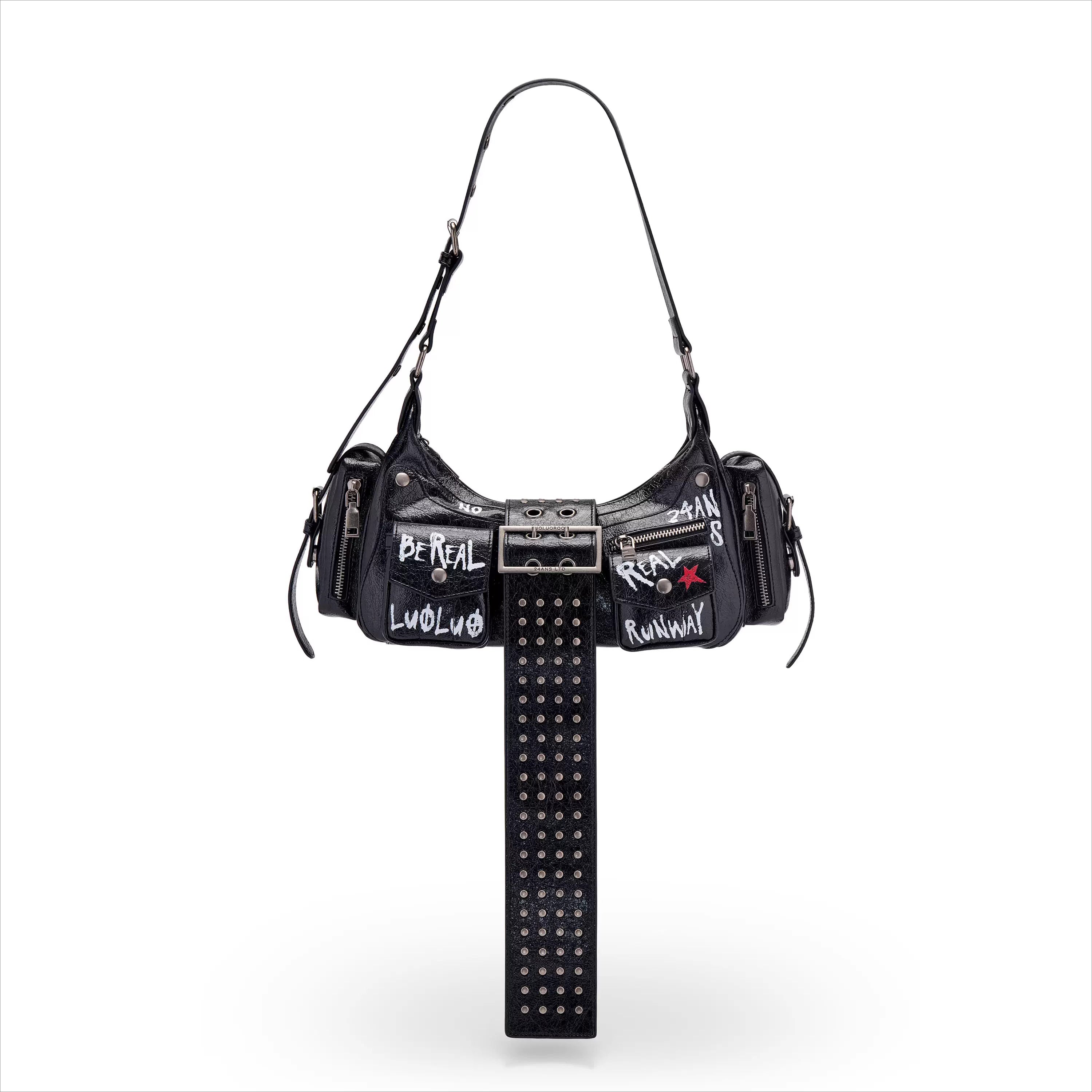 Graffiti-Print PU Cracked-Leather Bag