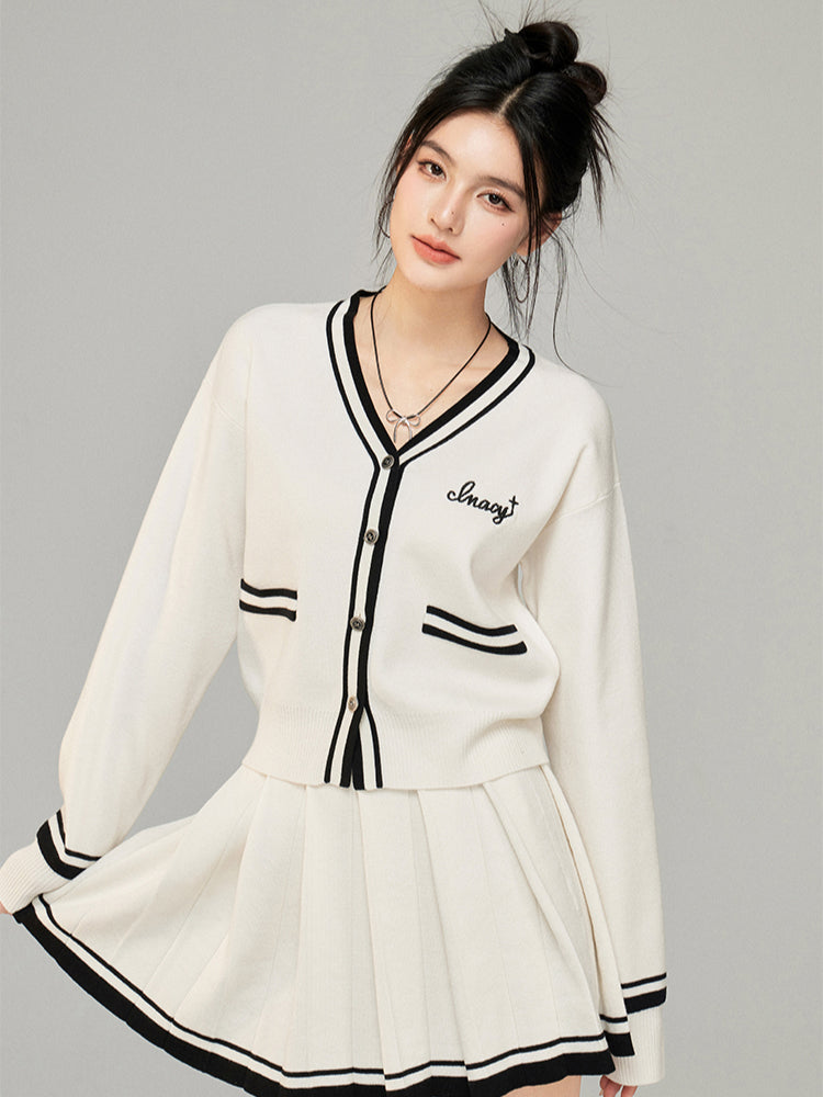 Contrast Color Knit V-neck Cardigan Set - CHINASQUAD