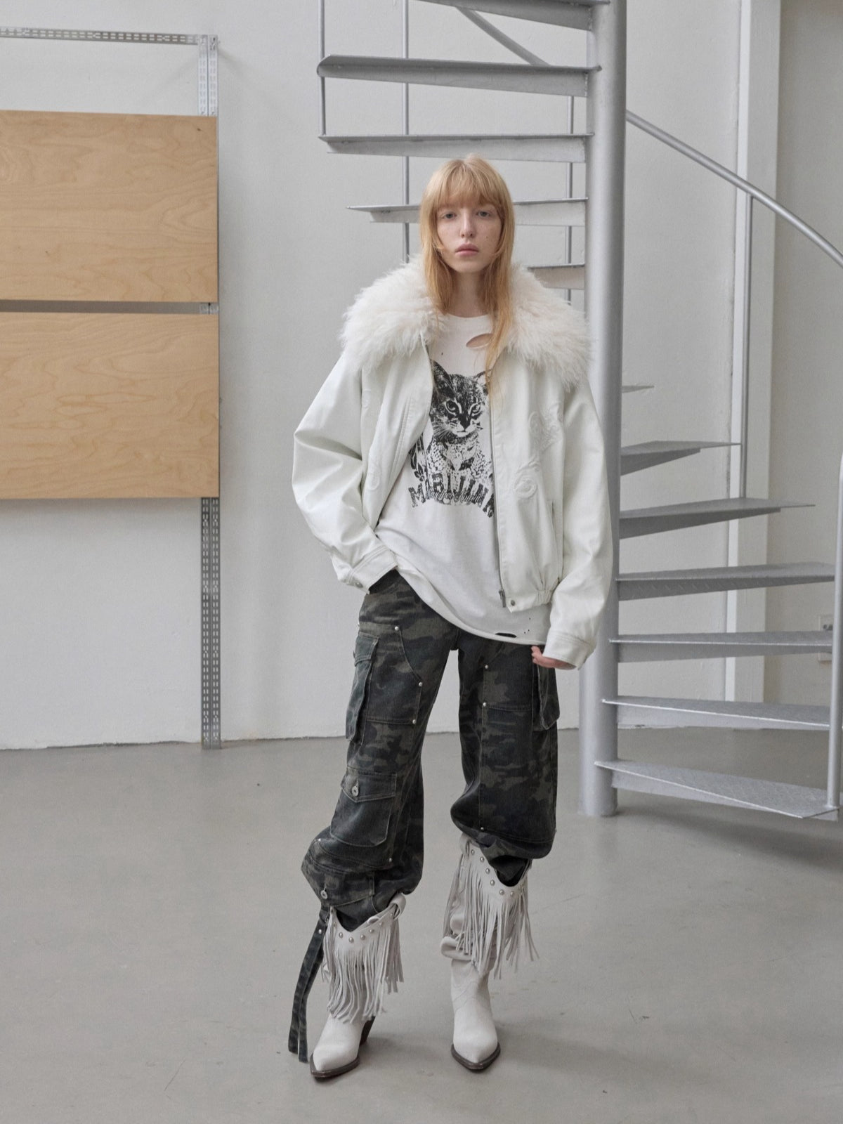 Embossed Faux Leather Puffer Detachable Fur Collar Jacket - CHINASQUAD