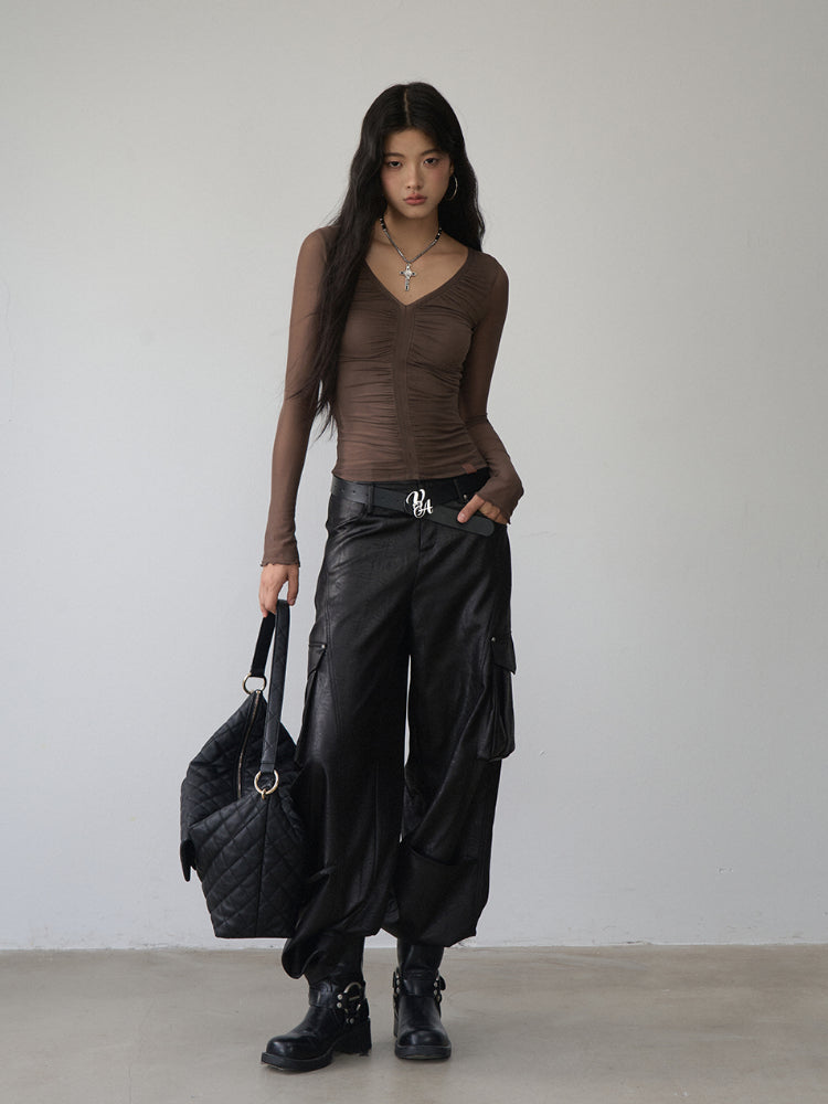 V-Neck Ruffled Mesh Slim Long-Sleeve Blouse - CHINASQUAD