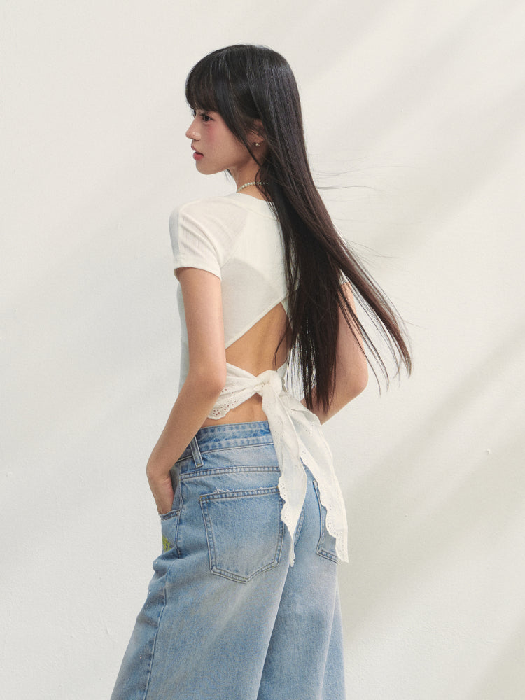 Crew Neck Printed Backless Embroidered T-Shirt - CHINASQUAD