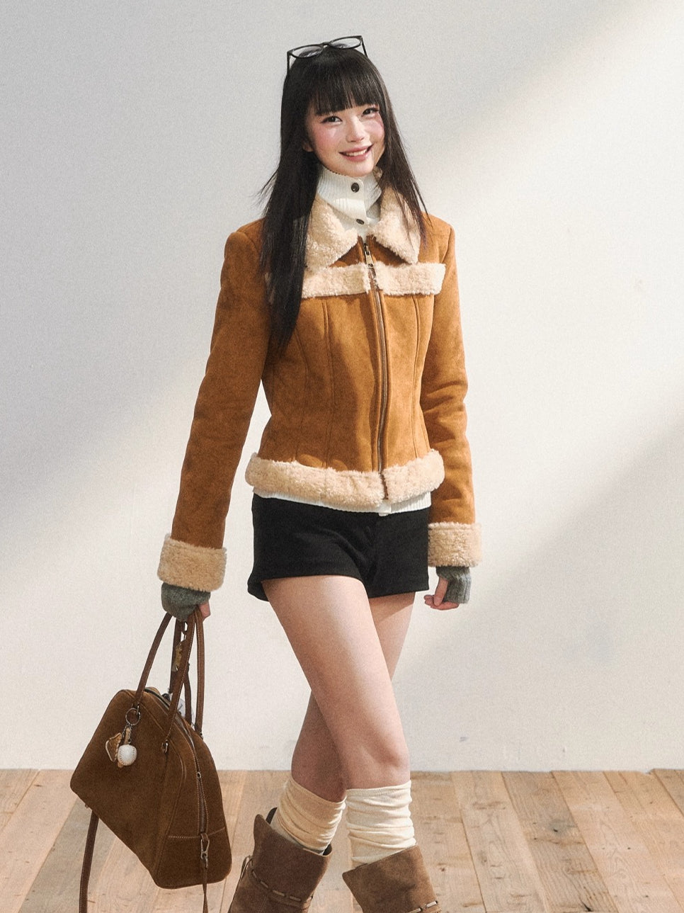 Two-Tone Shearling Cropped Jacket