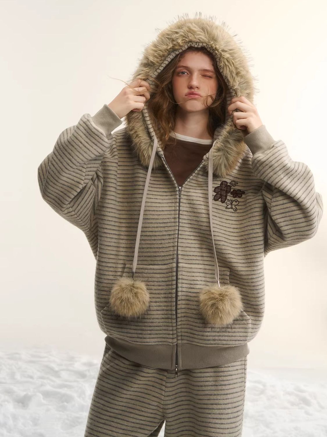 Plush Plaid Patchwork Jacket & Straight-Leg Pants Set