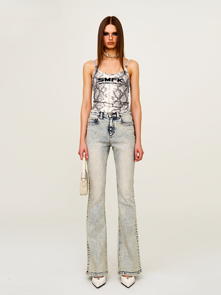 Retro Washed Elastic Flared Mid-Waist Long Pants