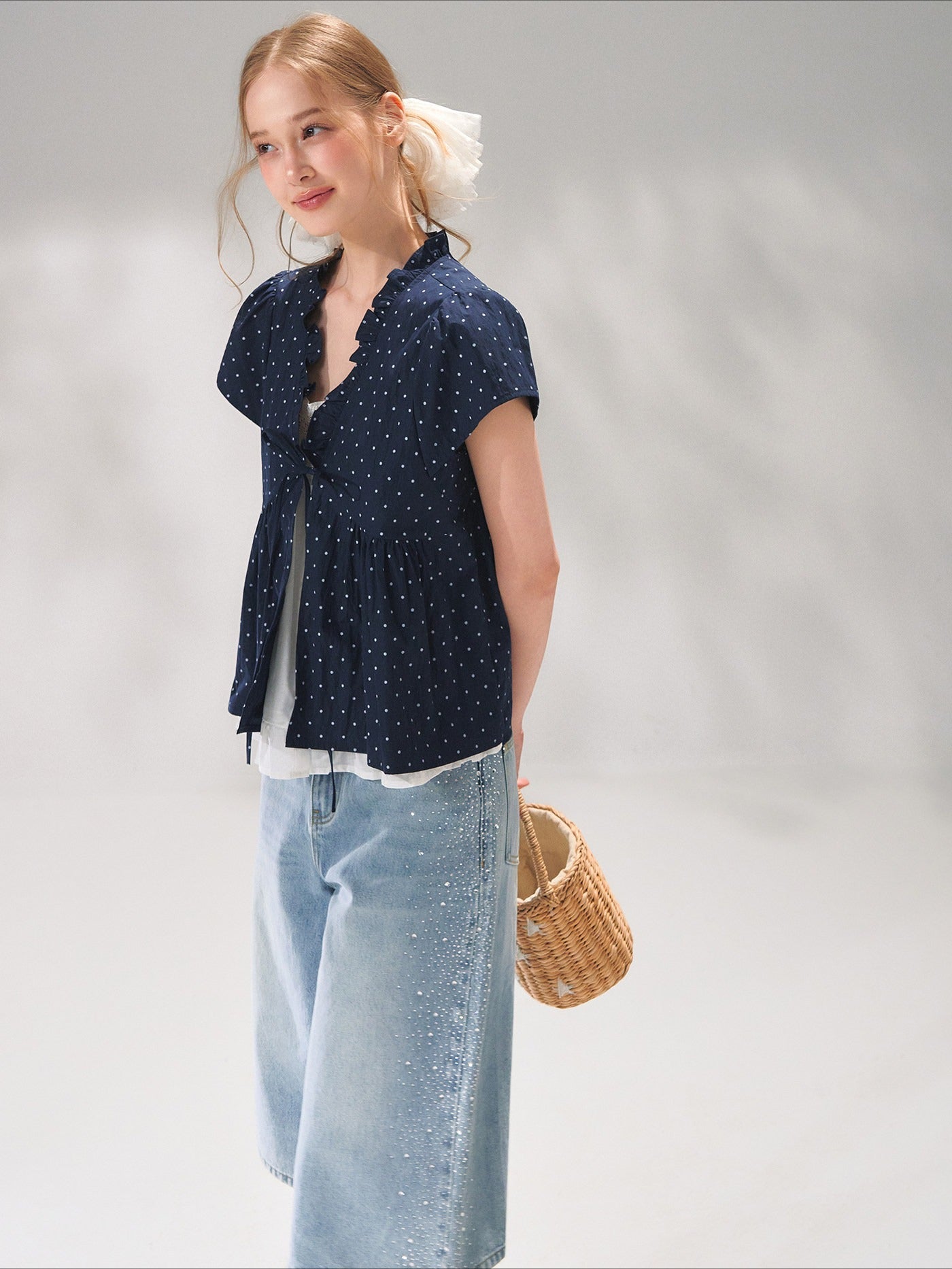Ruffled Trim Polka Dot Layered Blouse