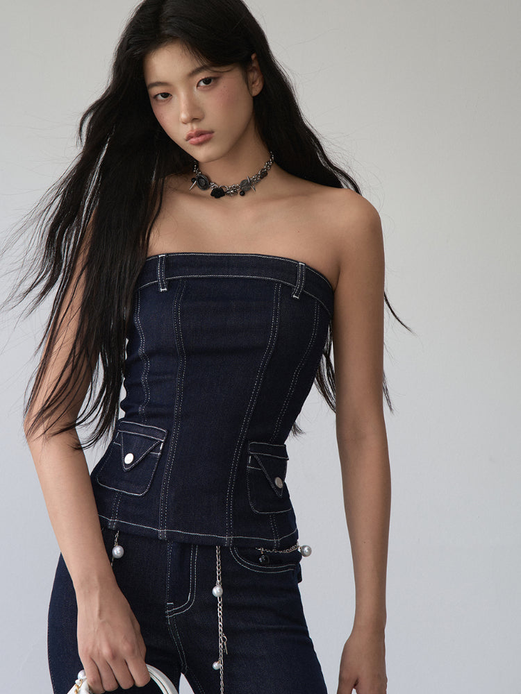 Vintage Denim Contrast Bandeau - CHINASQUAD