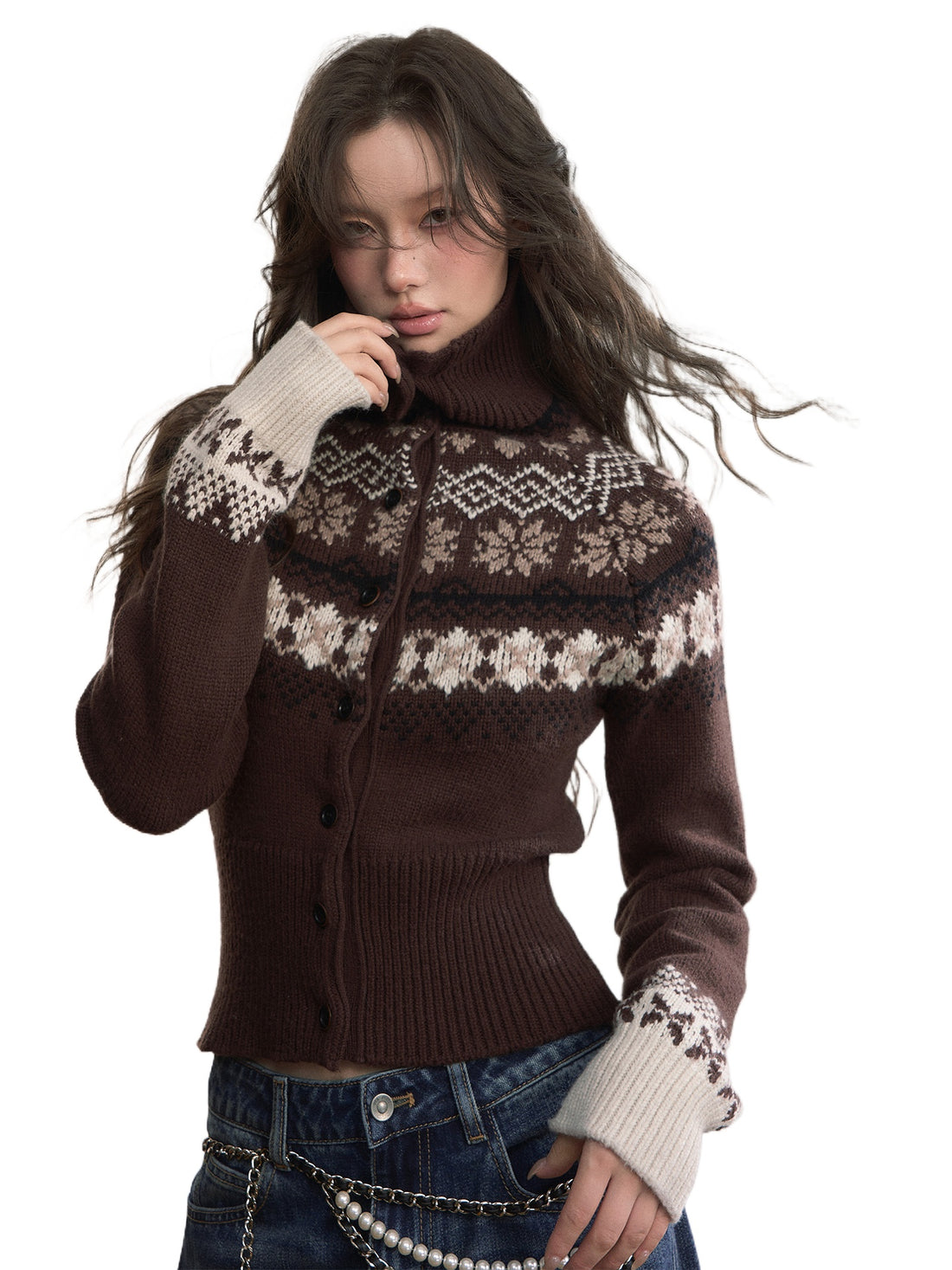 Fair Isle Wool-Blend Turtleneck Knit Cardigan