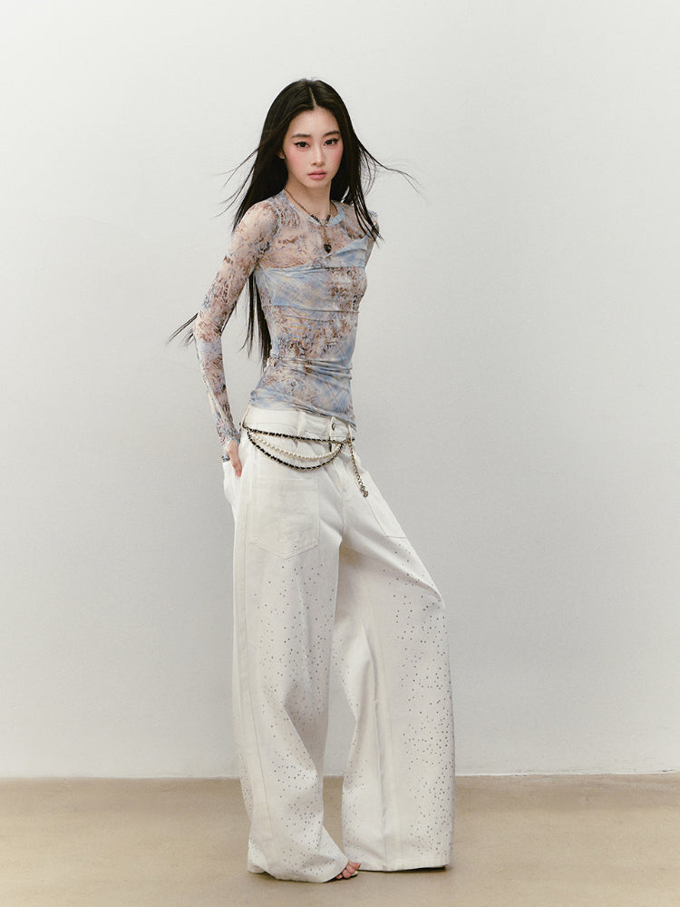 Printed Mesh Contrast-colored Long-sleeve T-shirt - CHINASQUAD