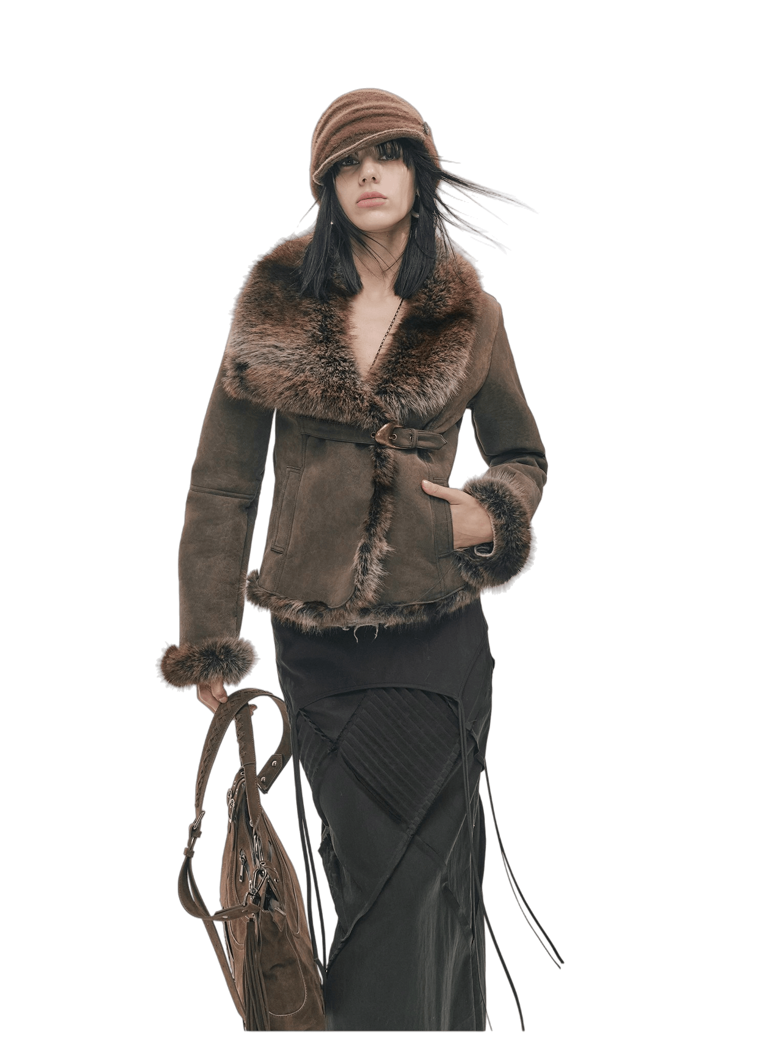 Vintage Asymmetric Shearling-Effect Suede Jacket