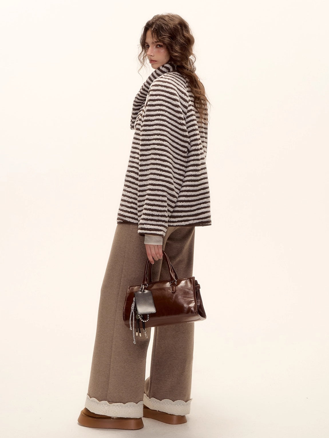 Reversible Striped Faux Scarf Detail Shearling Jacket