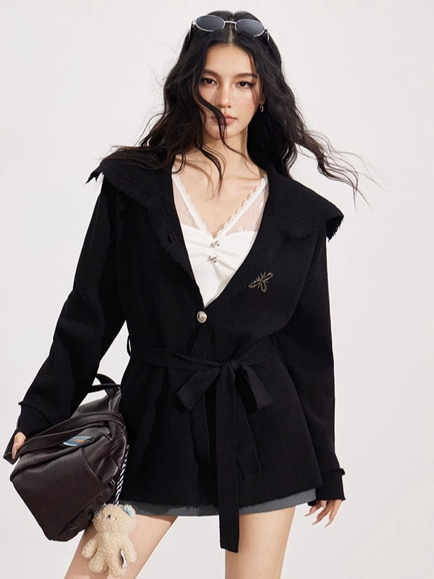 Belted Oversized Collar Knit Coat - CHINASQUAD