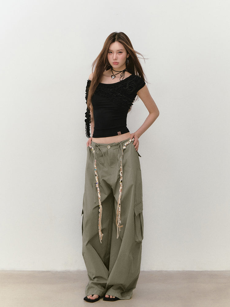 Wide-Leg Beaded Cargo Large Pockets Pants - CHINASQUAD