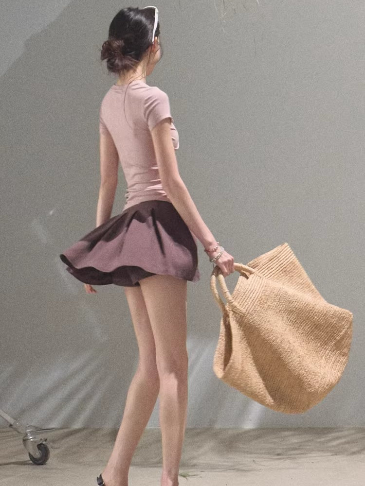 Leather Patch Lyocell–Linen A-Line Skirt