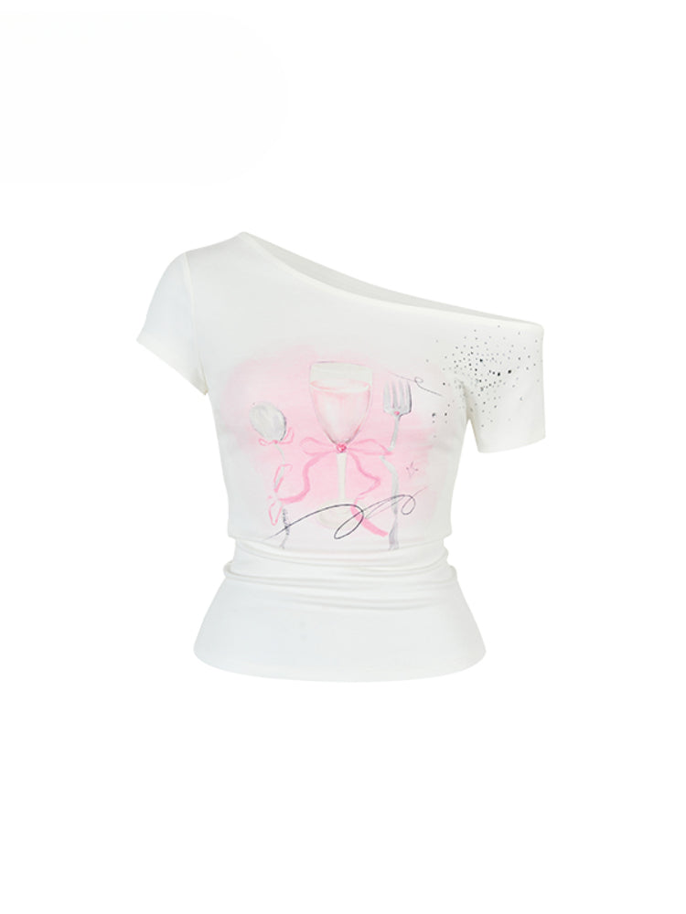 Printed Rhinestone Asymmetric Shoulder T-shirt - CHINASQUAD