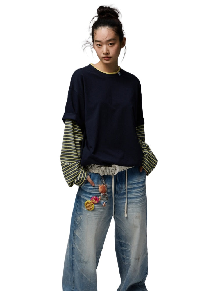 Fake Two-Piece Contrast Color Loose Striped T-Shirt - CHINASQUAD