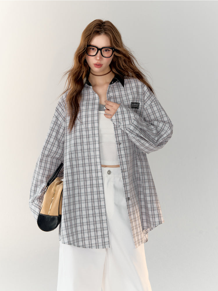 Leather Collar Embroidered Lace Plaid Shirt - CHINASQUAD