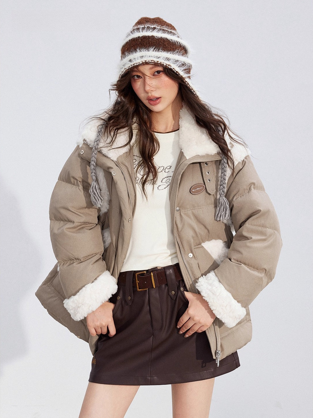 Shearling Panel 90% White Duck Down Jacket