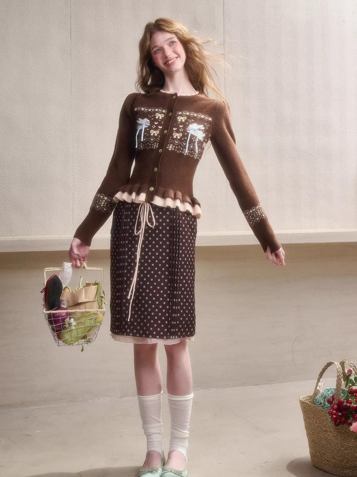 Fair Isle Knit Cardigan & Polka Dot Skirt Set