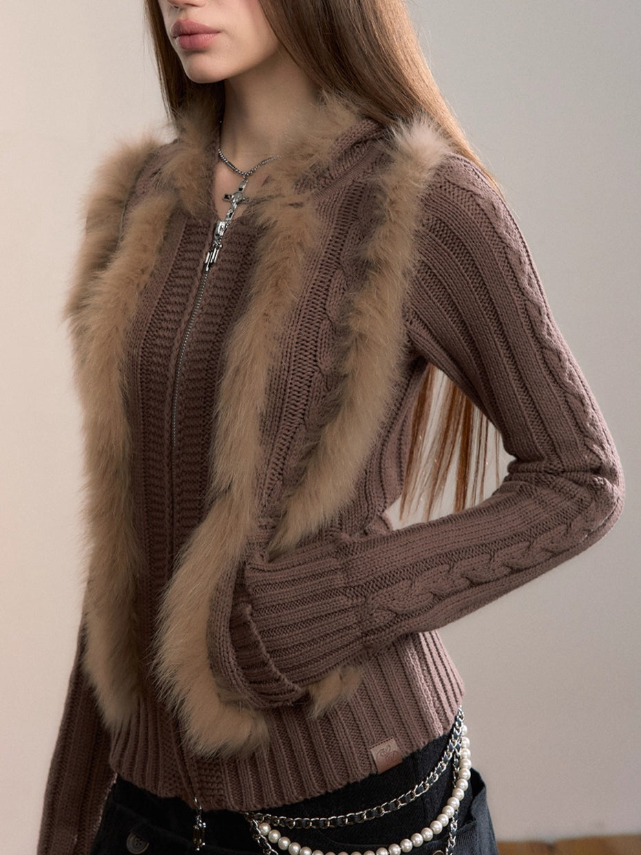 Fox Fur Trim Hooded Knit Cardigan