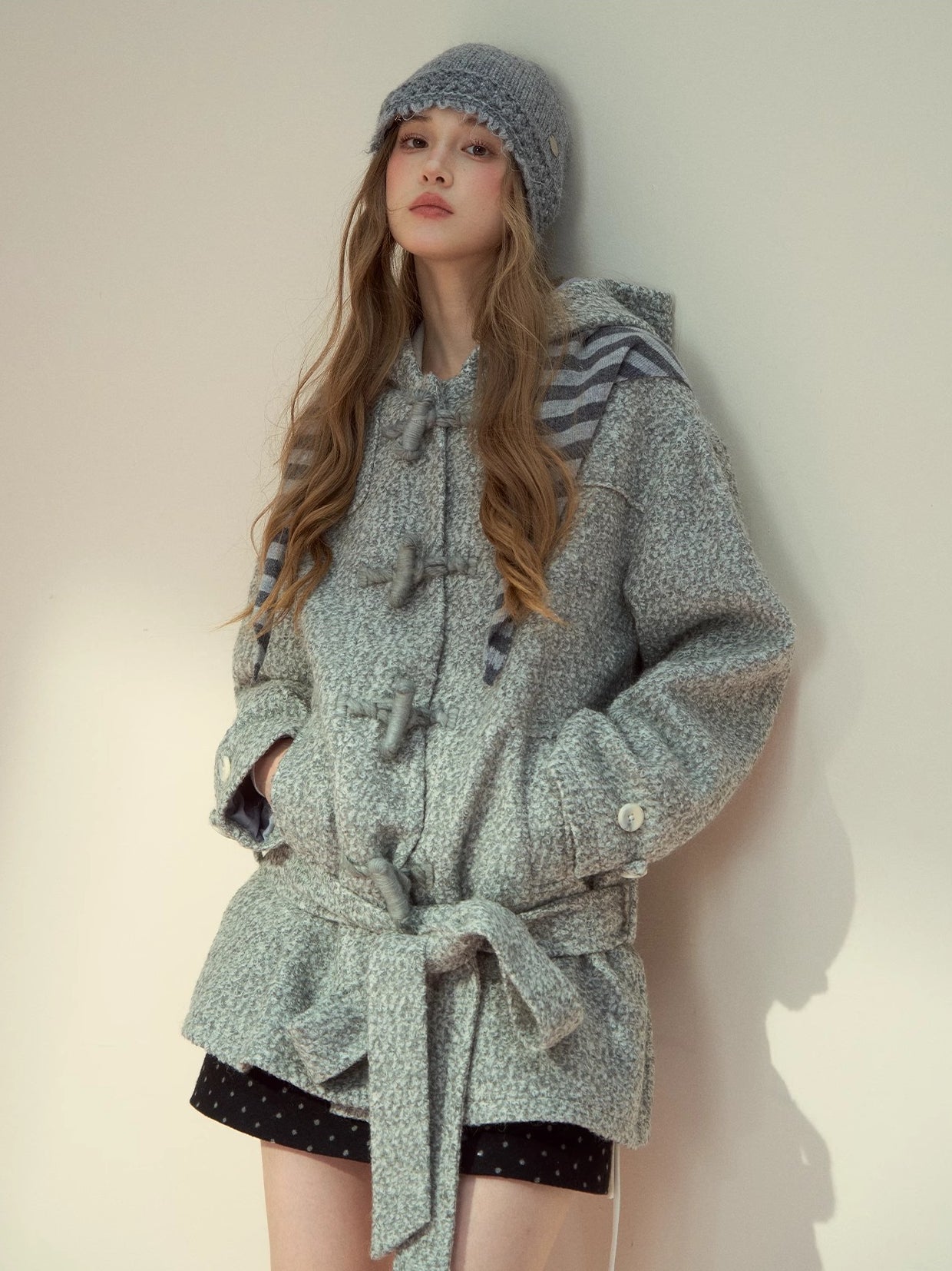 Light Grey Wool-Blend Toggle Belted Coat - CHINASQUAD