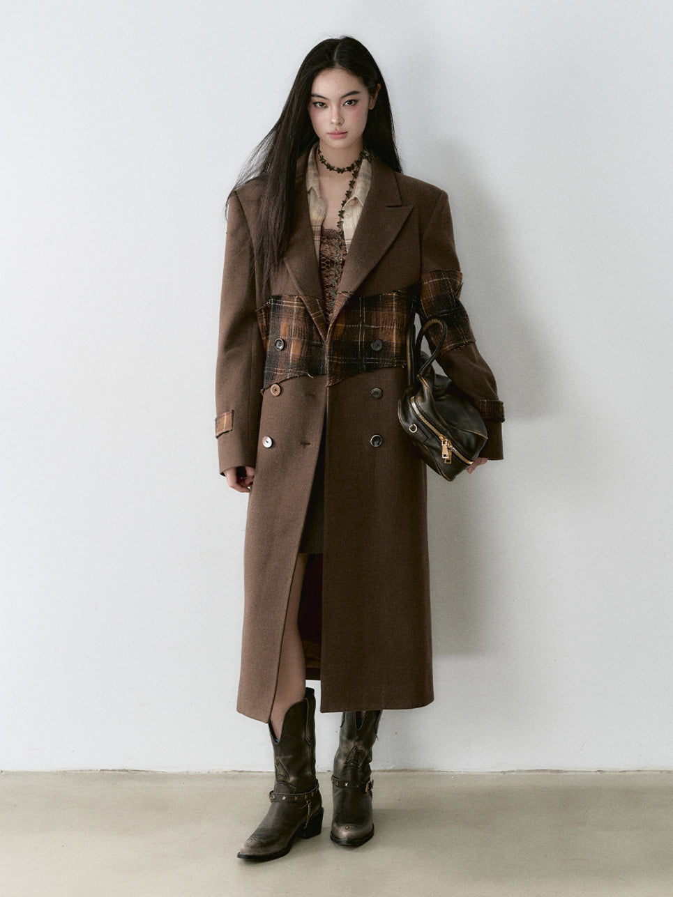 Wool Blend Plaid Patchwork French Coat - CHINASQUAD