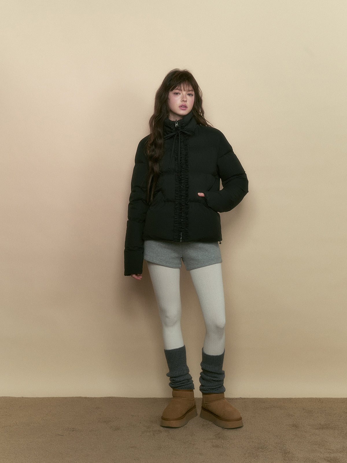 Black Ruffled Short Down Jacket - CHINASQUAD