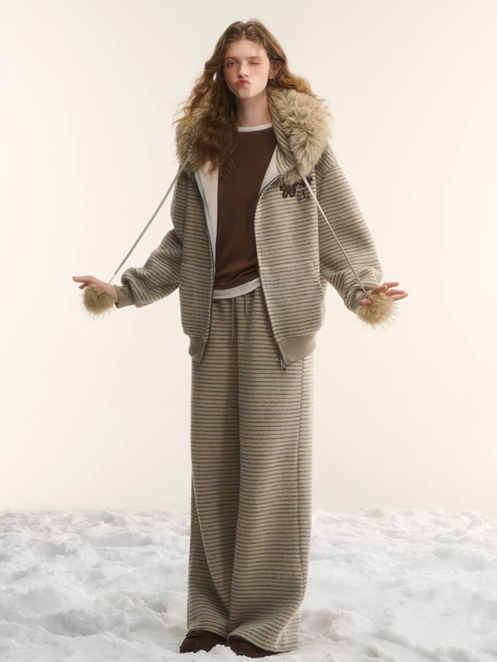 Plush Plaid Patchwork Jacket & Straight-Leg Pants Set