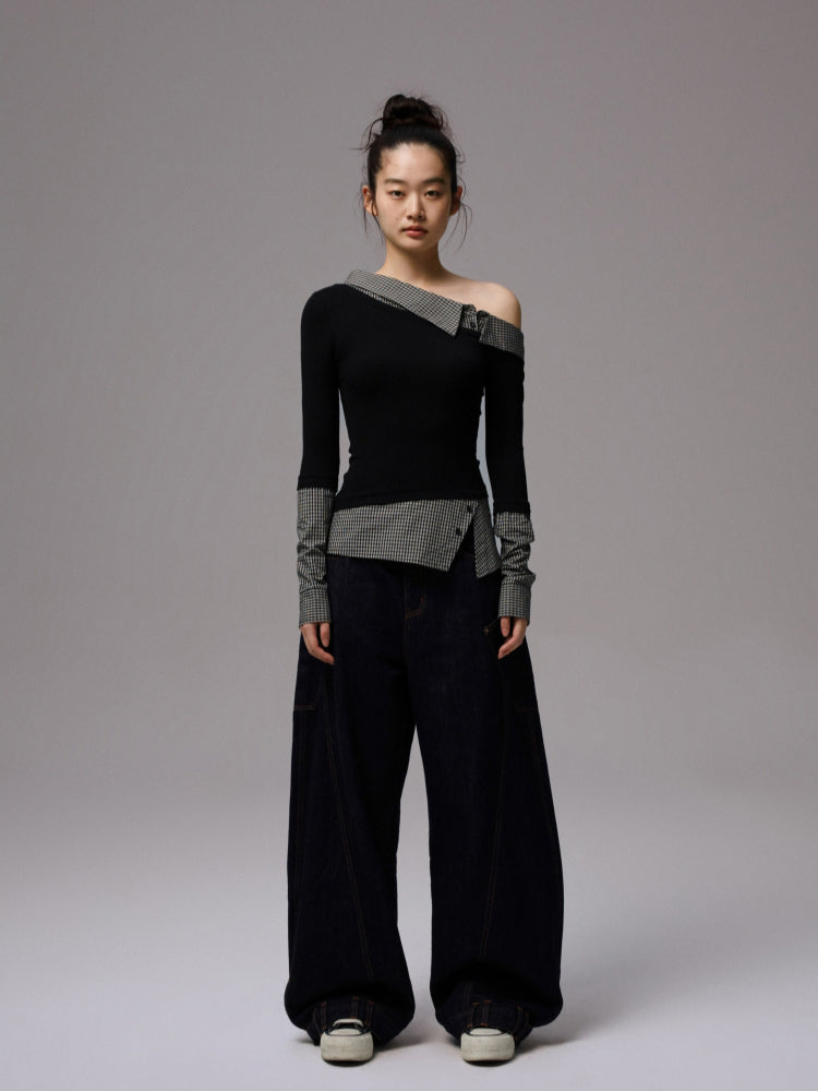 Asymmetric Collar Fake Two-Piece Fitted Blouse - CHINASQUAD