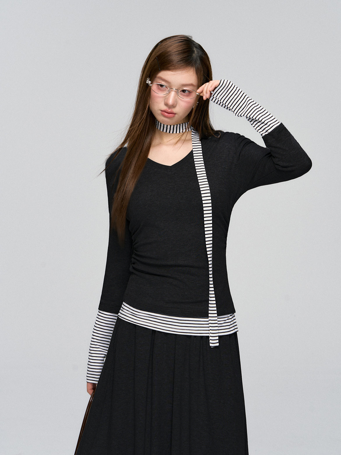 Striped Layered V-neck Knit & Skirt Set - CHINASQUAD