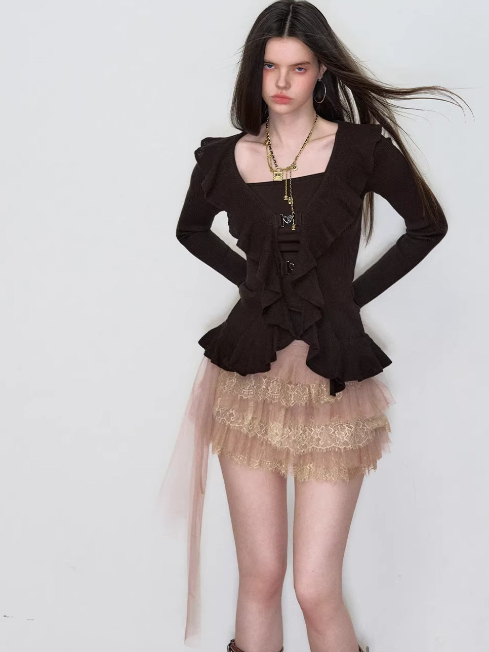 Faux Ruffle Detail Layered Knit Top