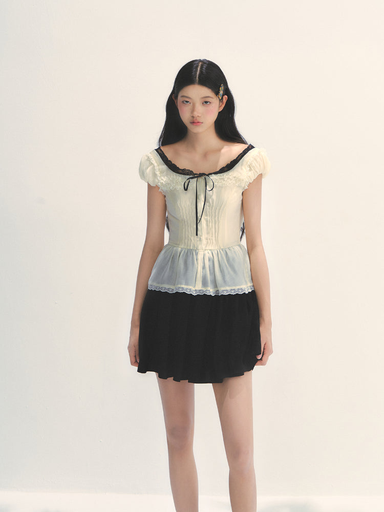 Tuck Pleat Color Blocked Tea- Length Dress - CHINASQUAD