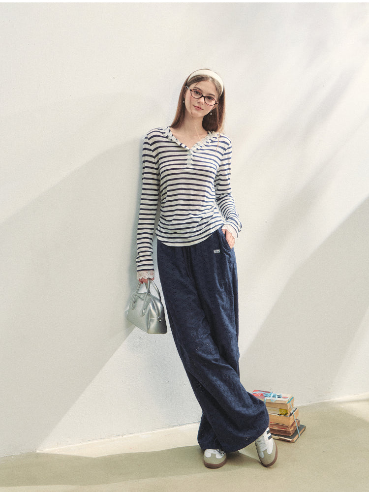 Hollow Embroidery Tie-up Casual Pants - CHINASQUAD