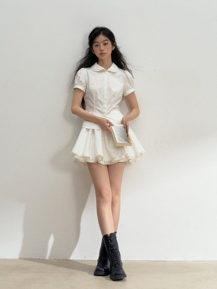 Cotton Lace Embroidered Collar Shirt & Skirt Set - CHINASQUAD