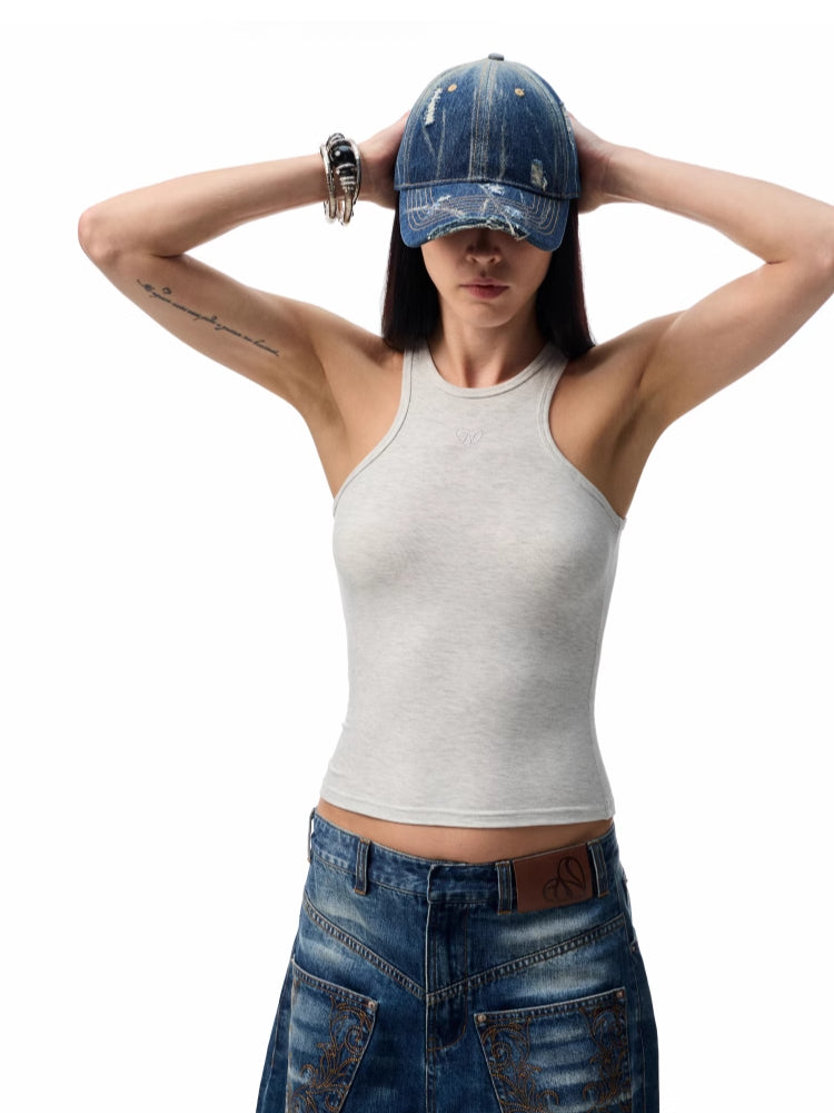 Basic Solid-Color Embroidered Slim-Fit Vest - CHINASQUAD