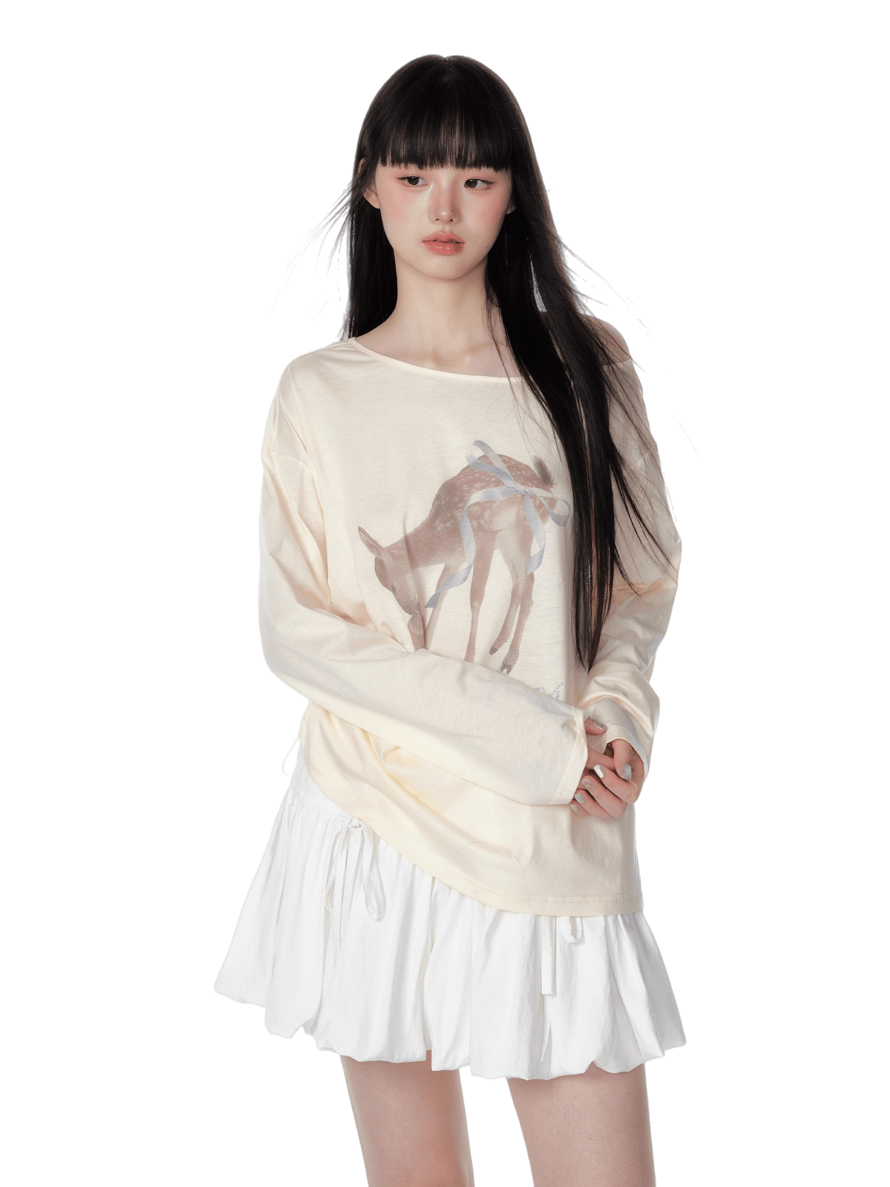 Asymmetric Deer Print Crystal-Embellished T-Shirt