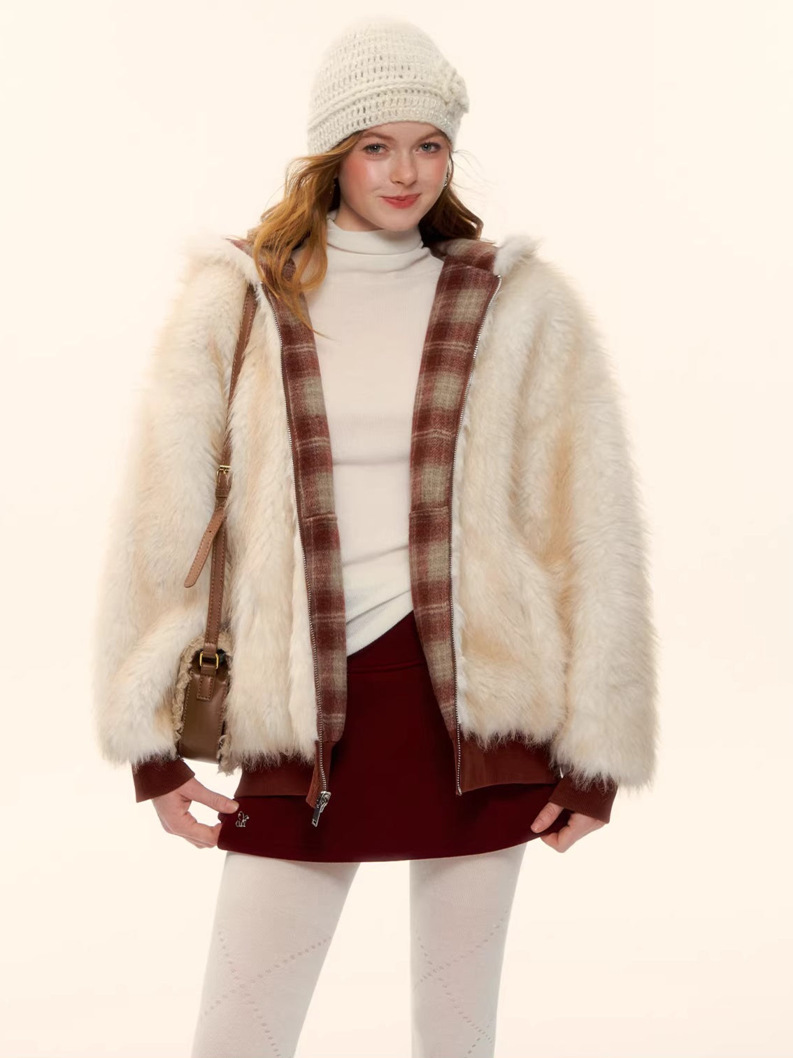 Reversible Plaid Teddy Fur Jacket