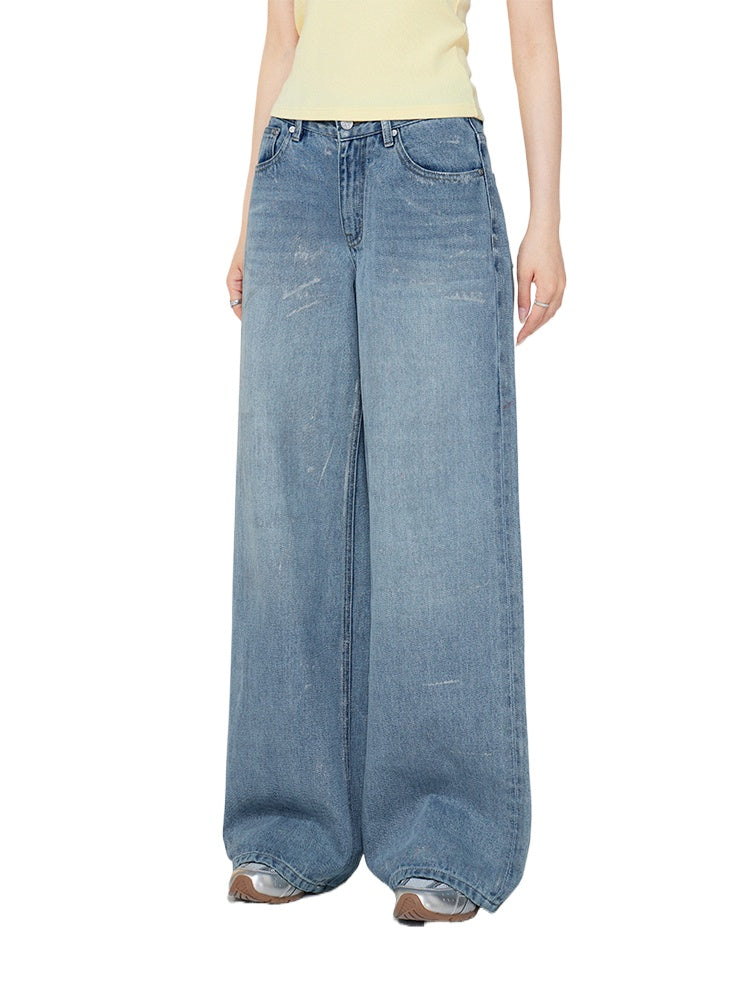 Distressed Coating Denim Wide - leg Pants - CHINASQUAD