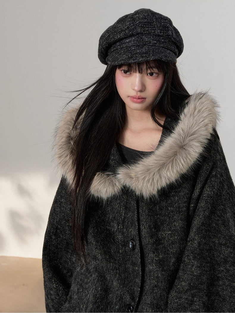 Fur Collar Wool-Blend Batwing Cape