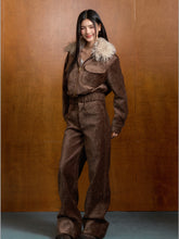 Vintage Brown Suede Jacket with Removable Fur Collar - CHINASQUAD