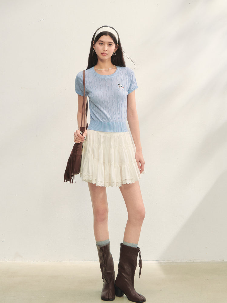 Puppy Embroidered Regular-shoulder Twist Knit T-shirt - CHINASQUAD