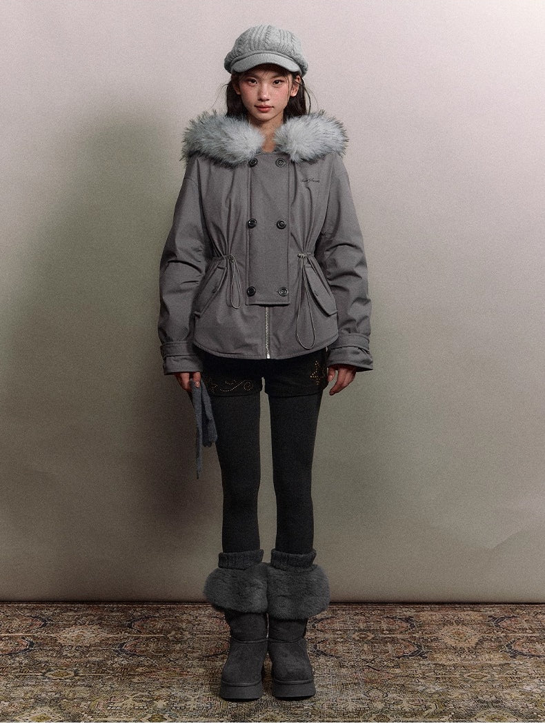 Faux Fur Collar Double-Breasted Down Parka Jacket - CHINASQUAD