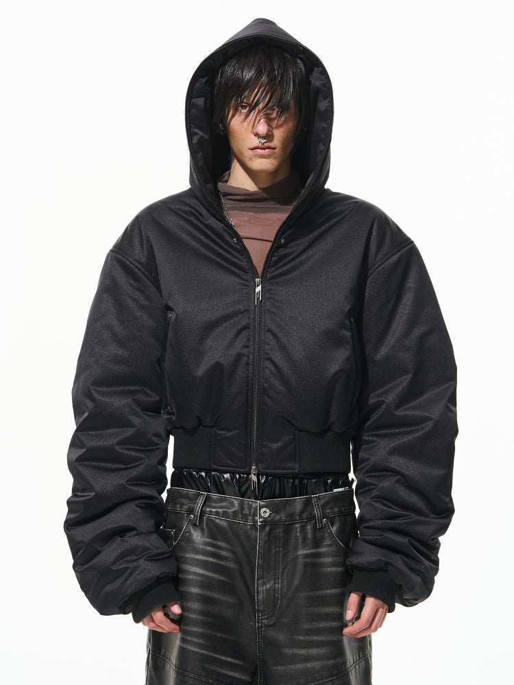 (Final Sale) Black Hooded Shimmer Logo Studded Puffer Jacket - CHINASQUAD