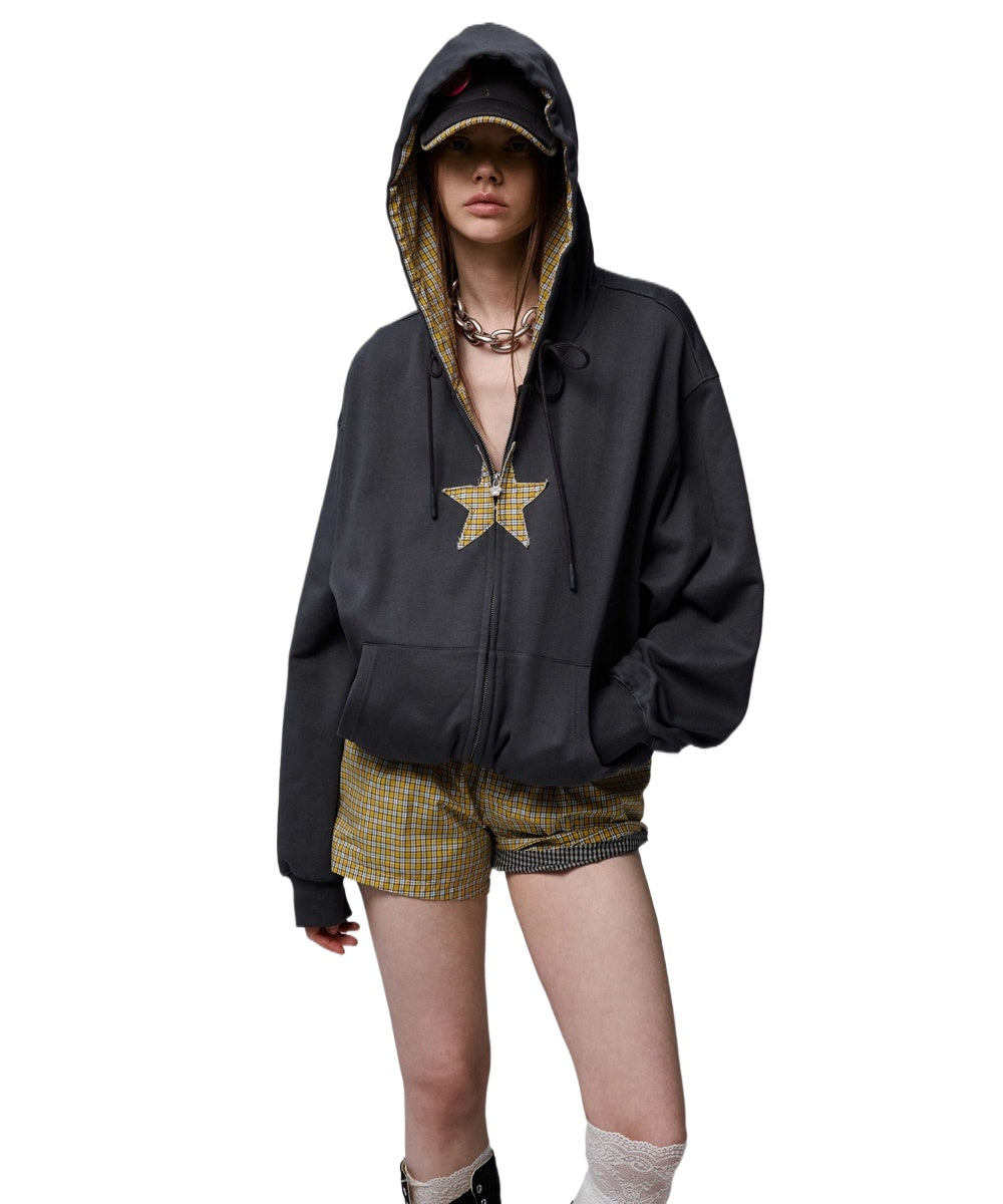 Star Patch Oversized Zip-up Hoodie - CHINASQUAD