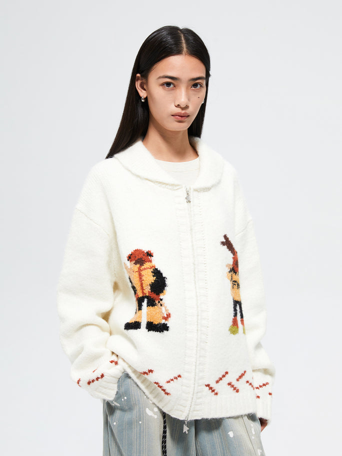 Nordic Skiing Bear Jacquard Christmas Collar Knit Cardigan - CHINASQUAD