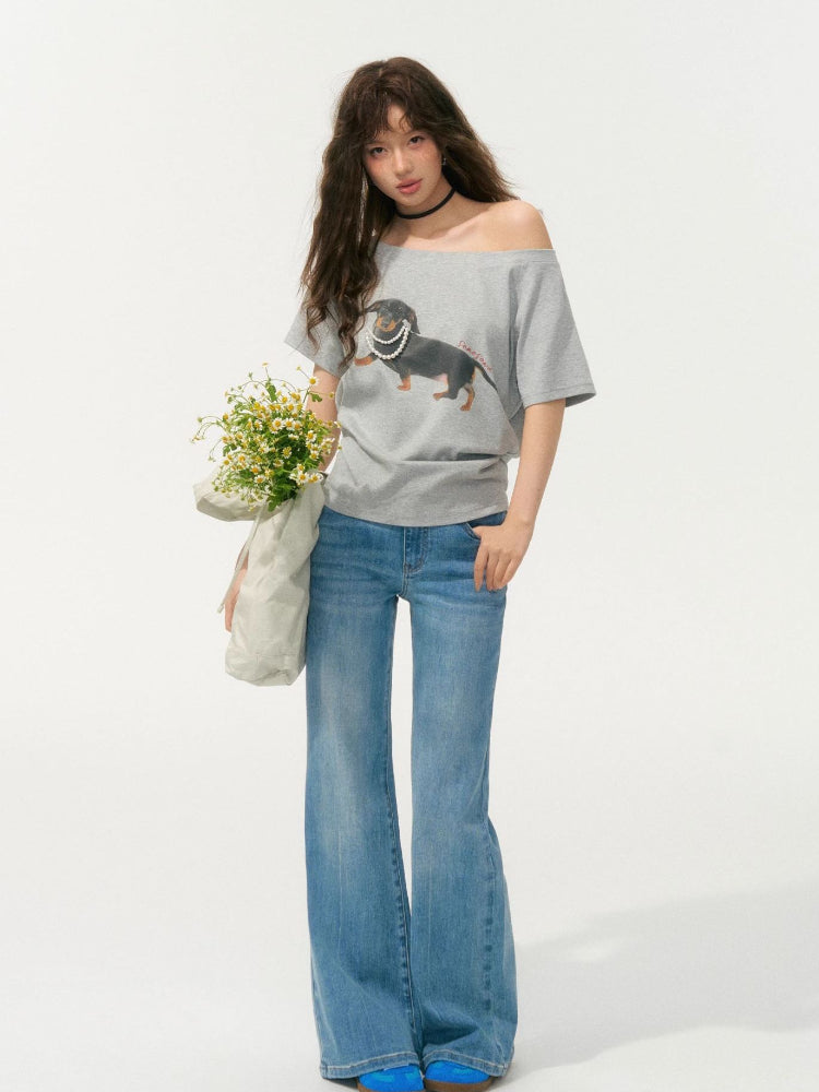 Off-Shoulder Pearl Embroidered Asymmetrical T-shirt - CHINASQUAD