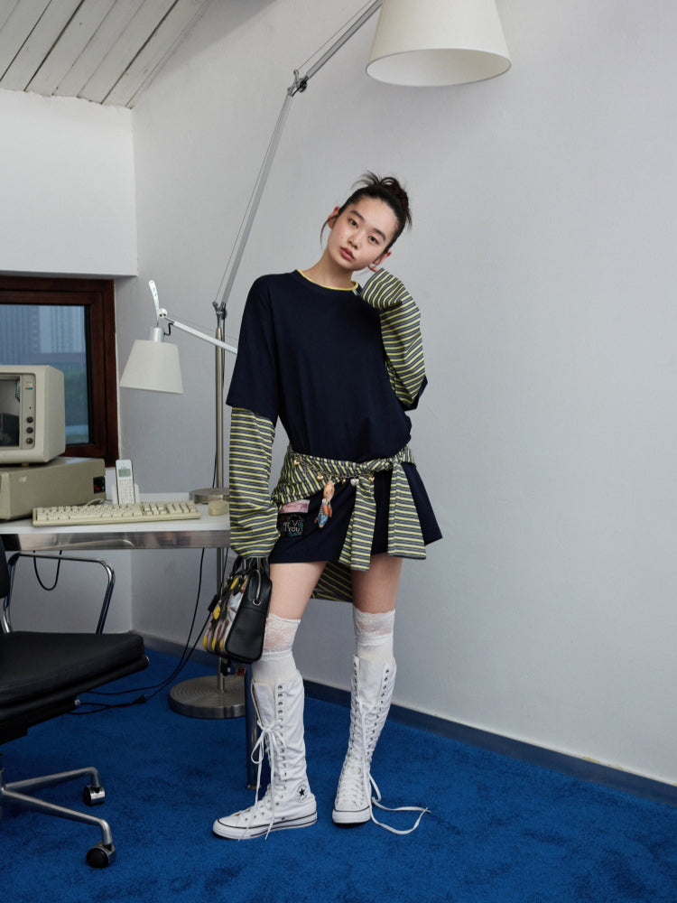 Fake Two-Piece Contrast Color Loose Striped T-Shirt - CHINASQUAD
