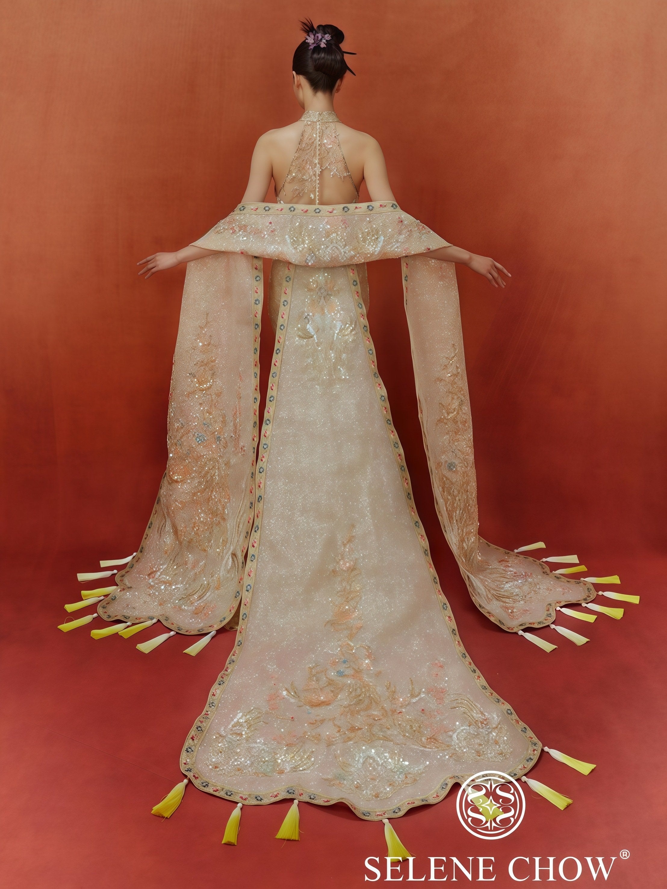 Imperial Gold Embroidered Halter Gown with Regal Shawl and Train