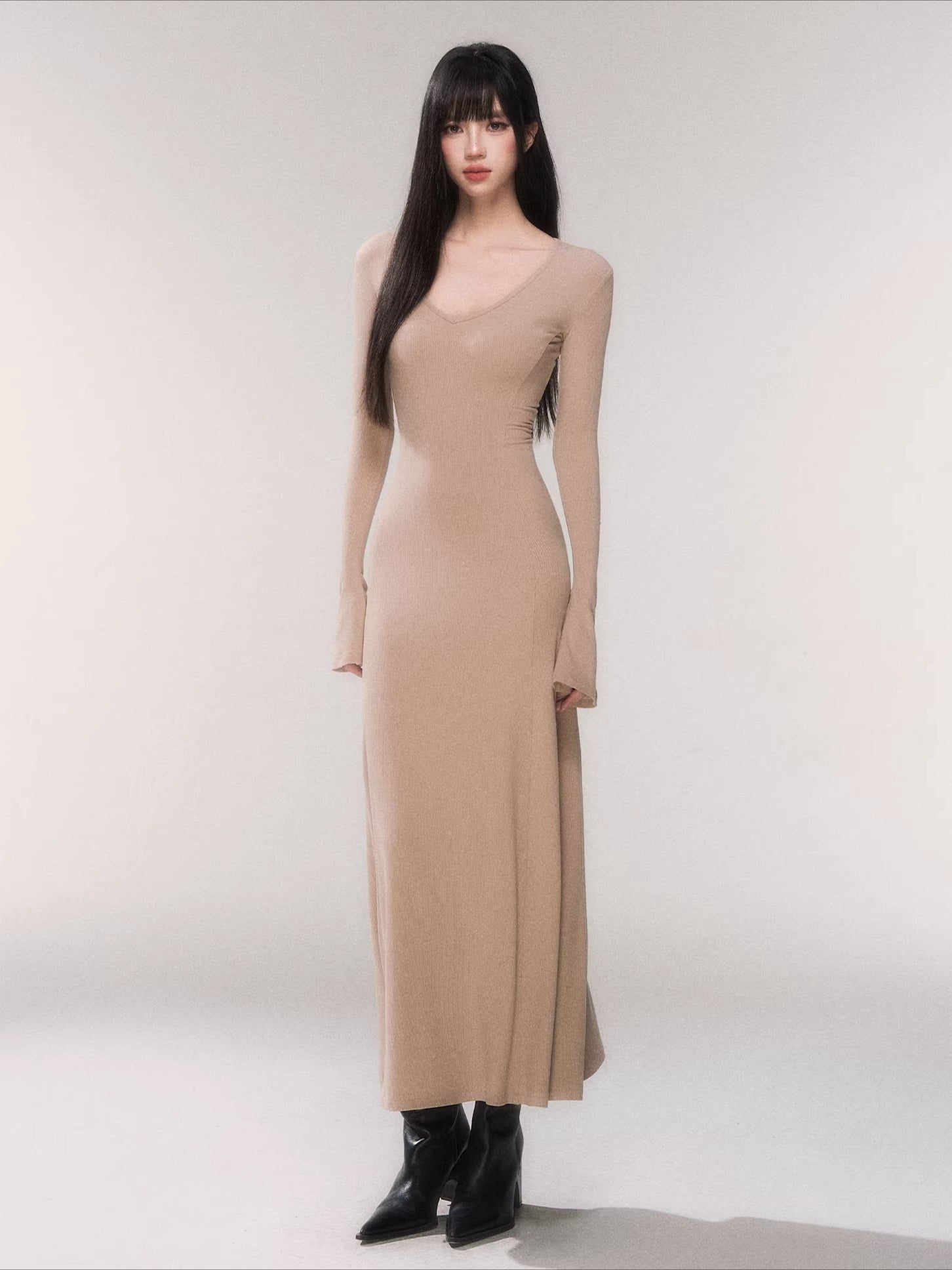 V-Neck Waist-Defining Knit Maxi Dress